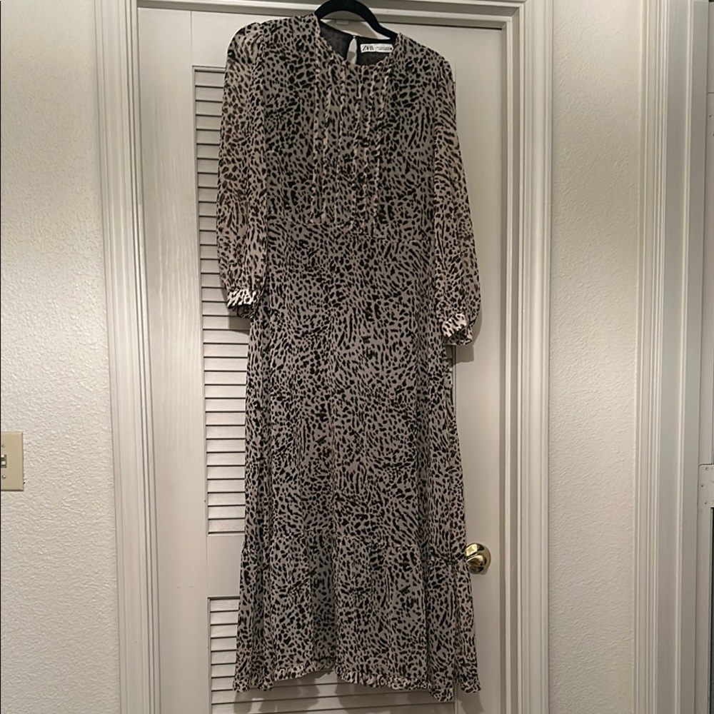 Zara Tan and Brown Midi Dress with Crew Neck
